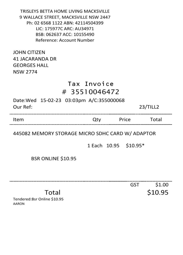 USA Trisleys Betta Home tax invoice Word and PDF template PSD template